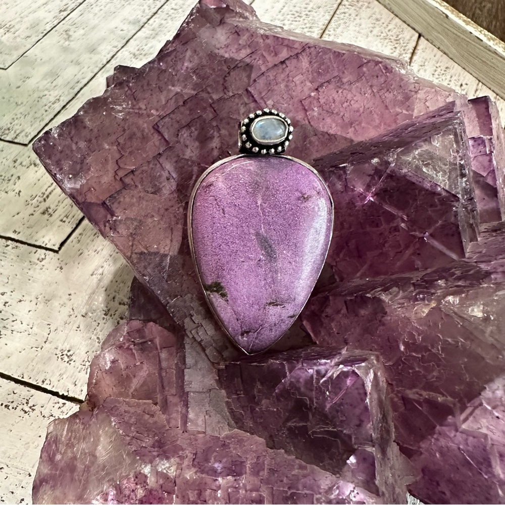 Purpurite Purple Rainbow Moonstone Pendant Necklace Sterling Silver Plated